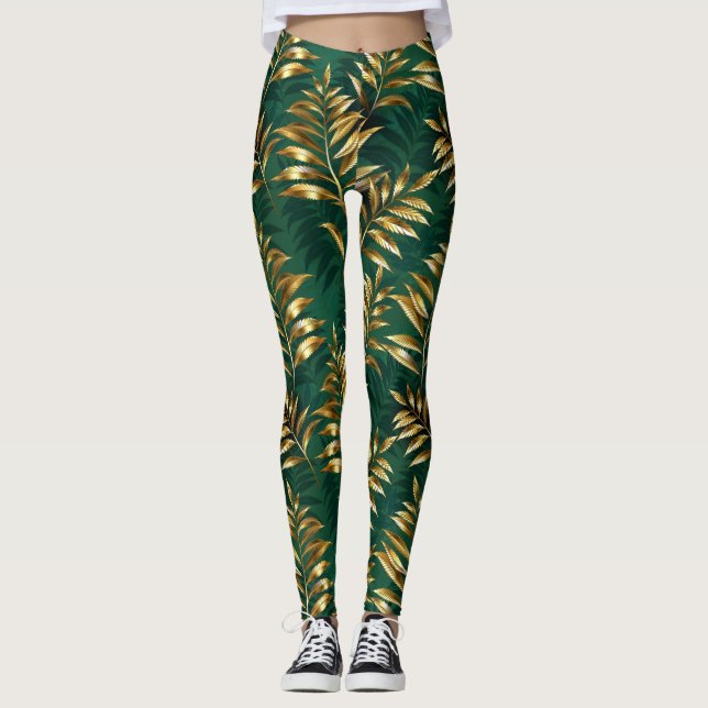 Seamless pattern with golden ferns leggings (Front)