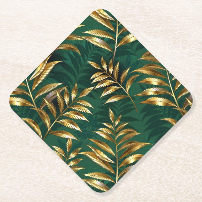 Seamless pattern with golden ferns paper coaster (Front)