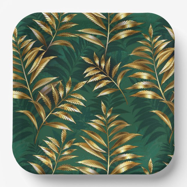 Seamless pattern with golden ferns paper plate (Front)
