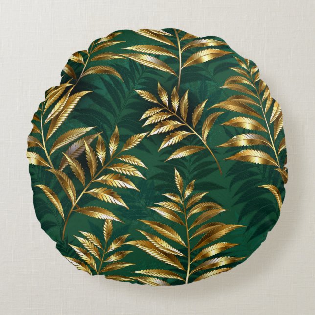 Seamless pattern with golden ferns round cushion (Front)