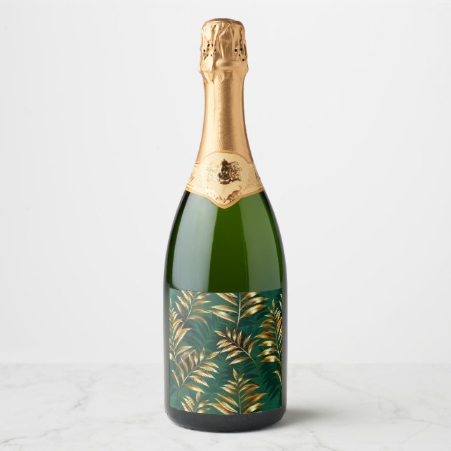 Seamless pattern with golden ferns sparkling wine label (Front)