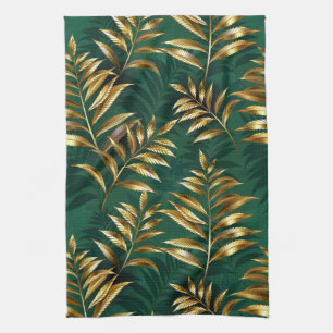 Seamless pattern with golden ferns tea towel