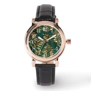 Seamless pattern with golden ferns watch