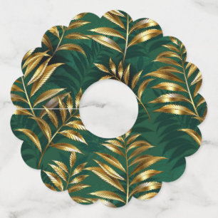 Seamless pattern with golden ferns wine glass tag