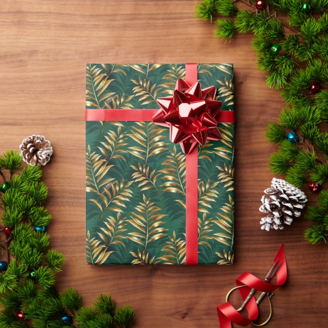 Seamless pattern with golden ferns wrapping paper (Holiday Gift)