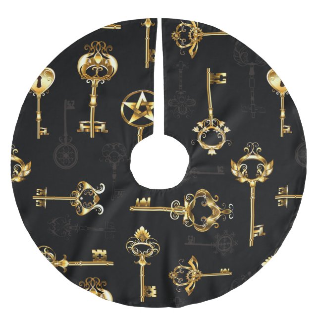 Seamless Pattern with Golden Keys Brushed Polyester Tree Skirt (Front)