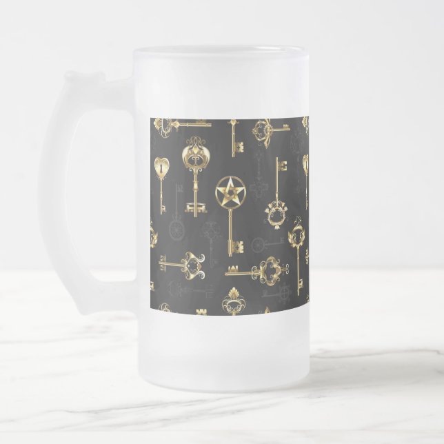 Seamless Pattern with Golden Keys Frosted Glass Beer Mug (Left)