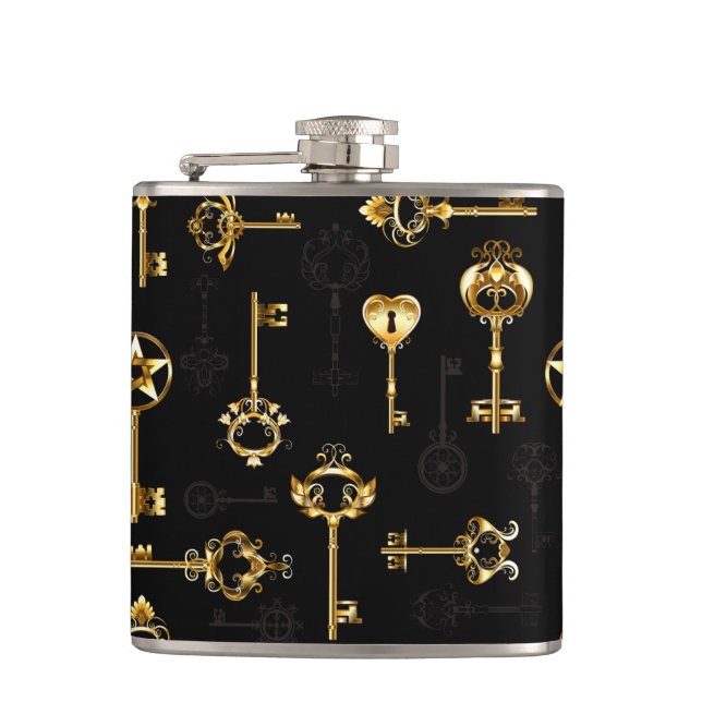 Seamless Pattern with Golden Keys Hip Flask (Front)