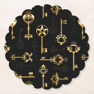 Seamless Pattern with Golden Keys Paper Coaster