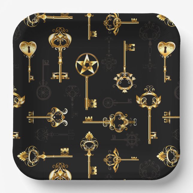 Seamless Pattern with Golden Keys Paper Plate (Front)