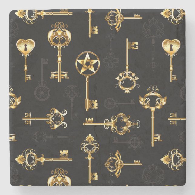 Seamless Pattern with Golden Keys Stone Coaster (Front)