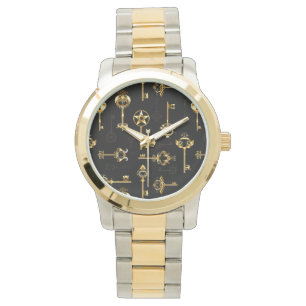 Seamless Pattern with Golden Keys Watch