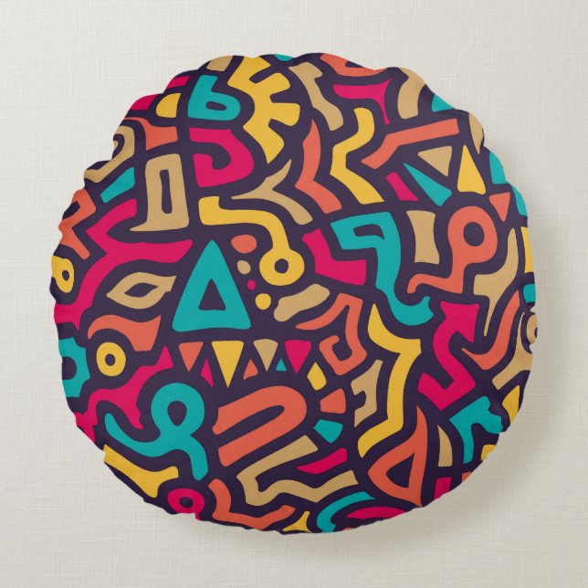 Seamless Pattern with Graffiti Curve Shapes. Mix o Round Cushion (Front)