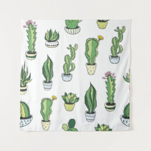 Seamless pattern with green cactus and succulents tapestry