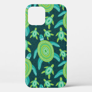 Seamless pattern with green ornament turtles. Sea  iPhone 12 Case