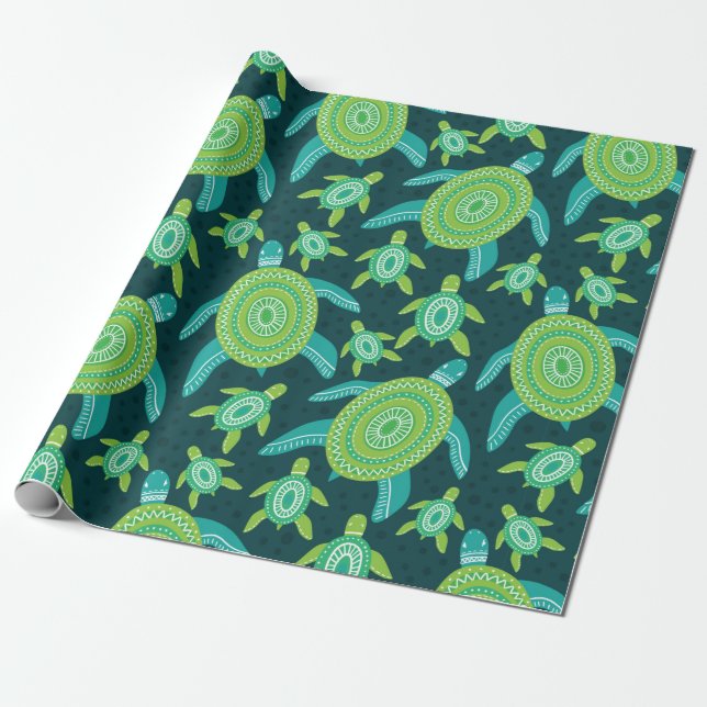Seamless pattern with green ornament turtles. Sea  Wrapping Paper (Unrolled)