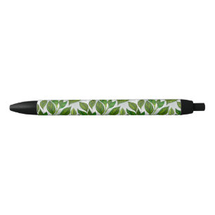 Seamless Pattern with Green Tea Leaves Black Ink Pen