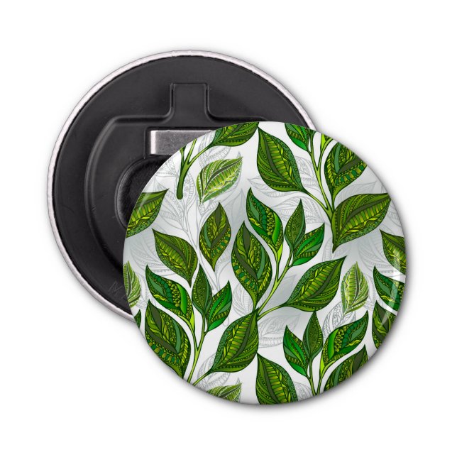 Seamless Pattern with Green Tea Leaves Bottle Opener (Front)