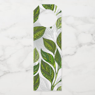 Seamless Pattern with Green Tea Leaves Bottle Tag