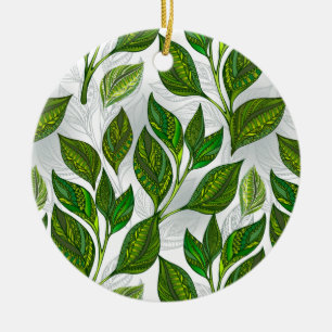 Seamless Pattern with Green Tea Leaves Ceramic Tree Decoration