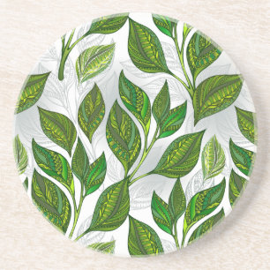 Seamless Pattern with Green Tea Leaves Coaster