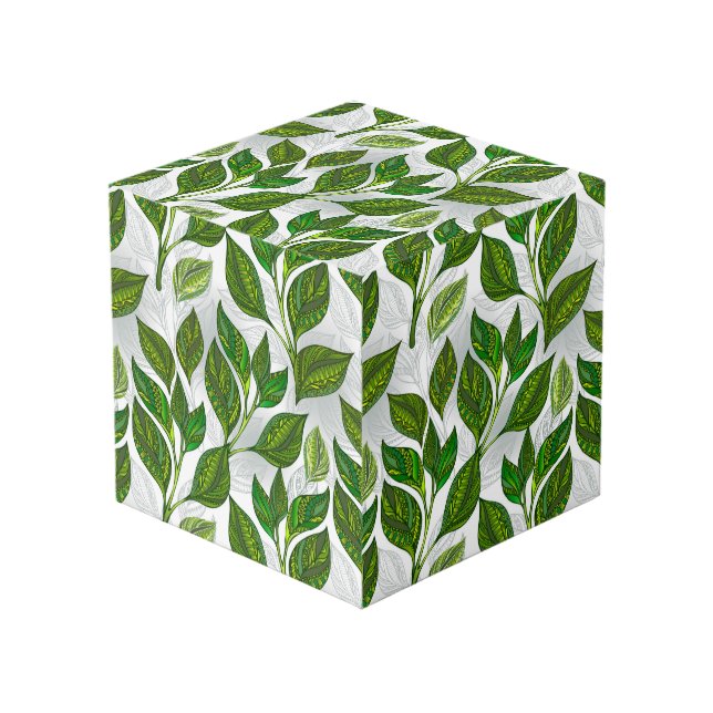 Seamless Pattern with Green Tea Leaves Cube (Front Angled)