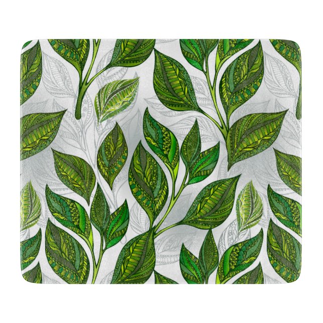 Seamless Pattern with Green Tea Leaves Cutting Board (Front)