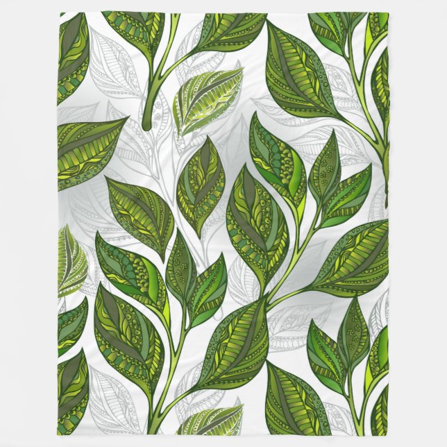 Seamless Pattern with Green Tea Leaves Fleece Blanket (Front)