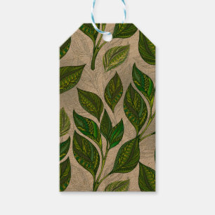 Seamless Pattern with Green Tea Leaves Gift Tags