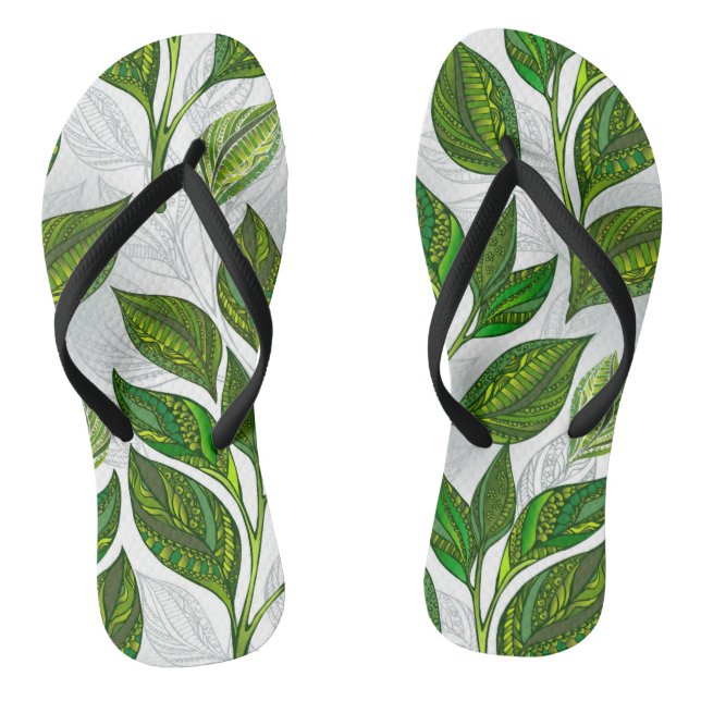 Seamless Pattern with Green Tea Leaves Jandals (Footbed)