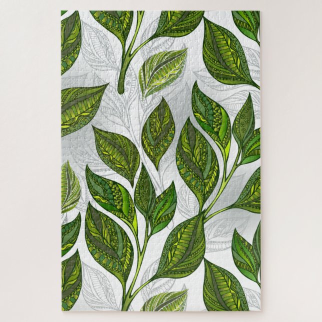 Seamless Pattern with Green Tea Leaves Jigsaw Puzzle (Vertical)