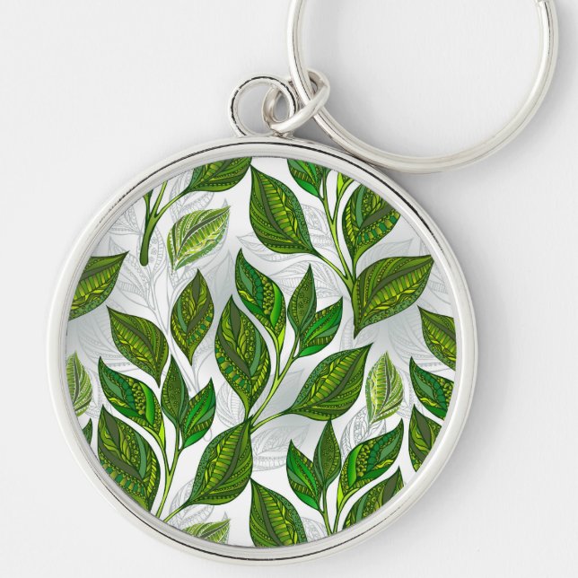Seamless Pattern with Green Tea Leaves Key Ring (Front)