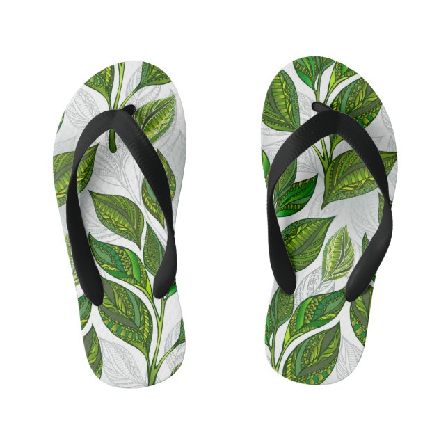 Seamless Pattern with Green Tea Leaves Kid's Jandals (Footbed)