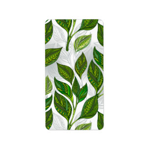 Seamless Pattern with Green Tea Leaves Label