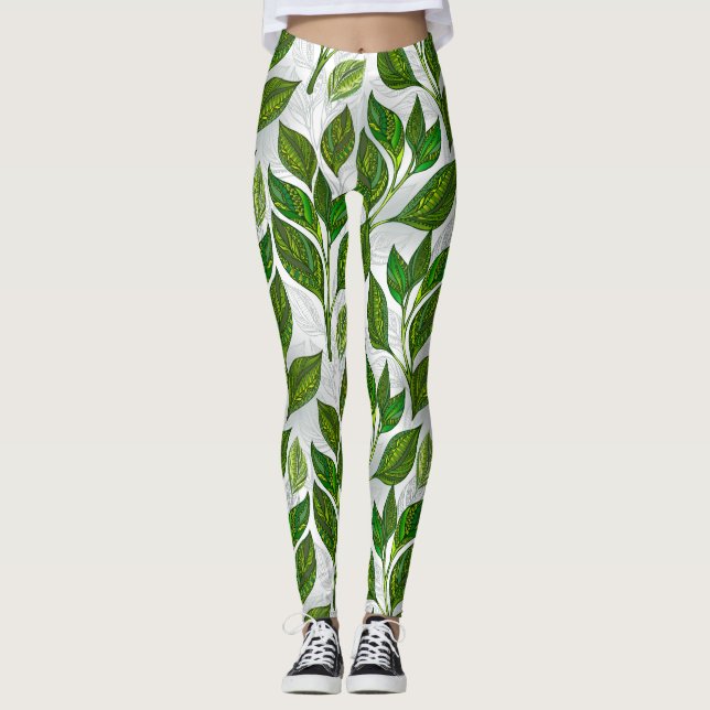 Seamless Pattern with Green Tea Leaves Leggings (Front)