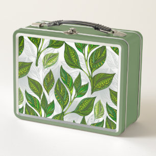 Seamless Pattern with Green Tea Leaves Metal Lunch Box