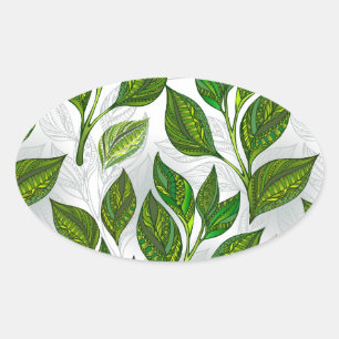Seamless Pattern with Green Tea Leaves Oval Sticker