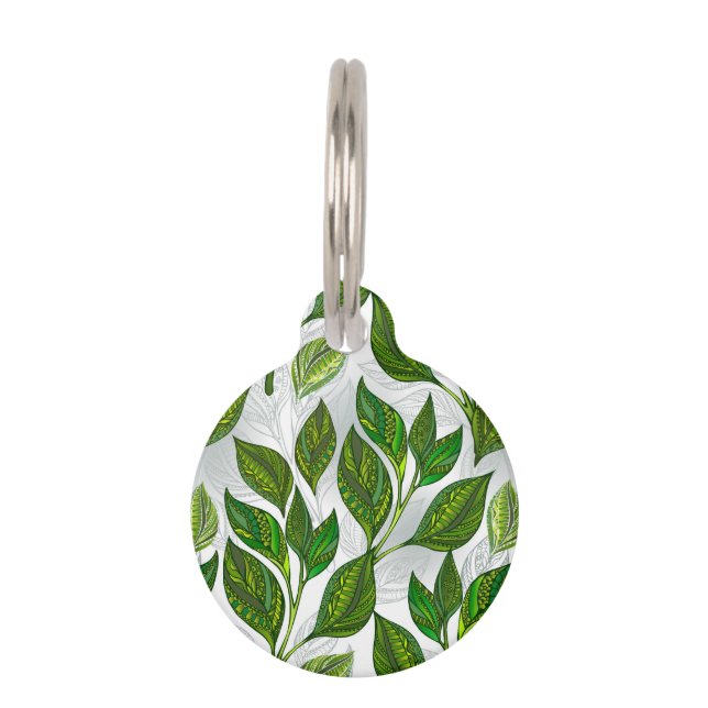 Seamless Pattern with Green Tea Leaves Pet Tag (Front)