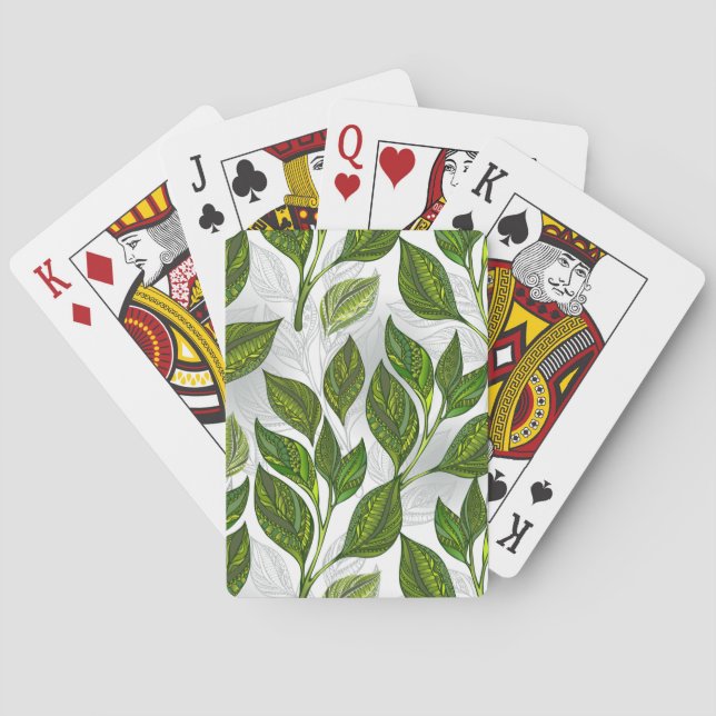 Seamless Pattern with Green Tea Leaves Playing Cards (Back)