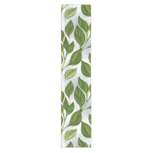 Seamless Pattern with Green Tea Leaves Short Table Runner