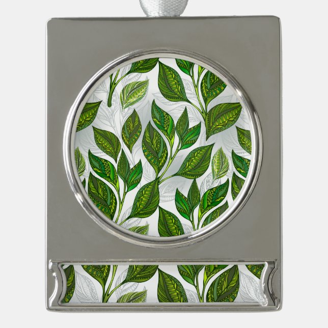 Seamless Pattern with Green Tea Leaves Silver Plated Banner Ornament (Front)
