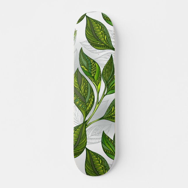 Seamless Pattern with Green Tea Leaves Skateboard (Front)