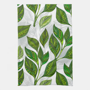 Seamless Pattern with Green Tea Leaves Tea Towel