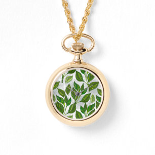Seamless Pattern with Green Tea Leaves Watch