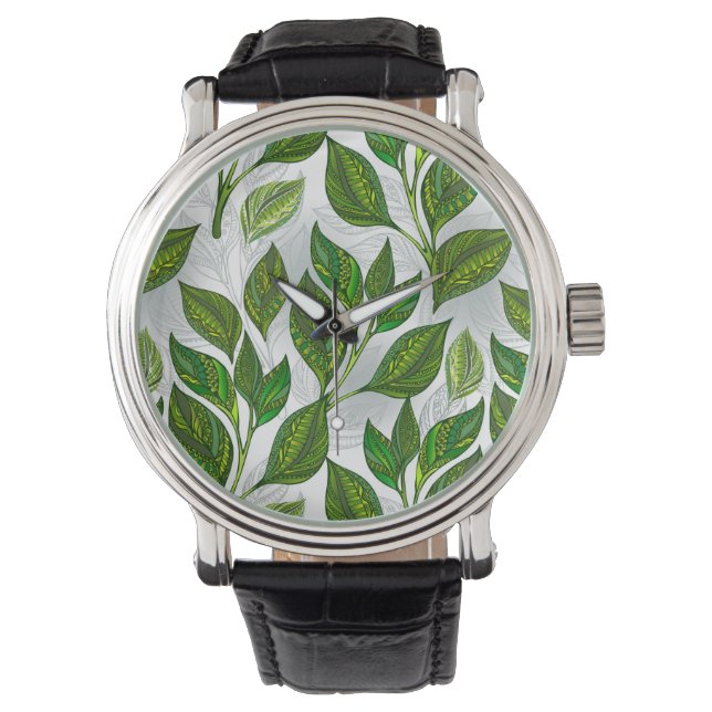 Seamless Pattern with Green Tea Leaves Watch (Front)