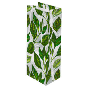 Seamless Pattern with Green Tea Leaves Wine Gift Bag