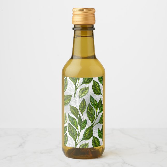 Seamless Pattern with Green Tea Leaves Wine Label (Front)