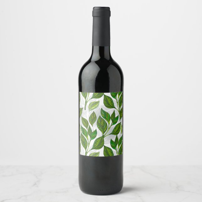 Seamless Pattern with Green Tea Leaves Wine Label (Front)