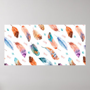 Seamless pattern with hand drawn feathers on white poster