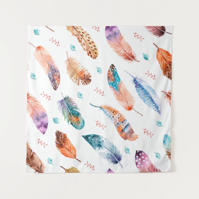Seamless pattern with hand drawn feathers on white tapestry (Front)